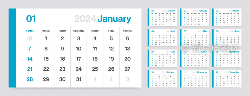 2024 -月历。极简风格的景观水平日历2024年。向量模板。一周从周日开始